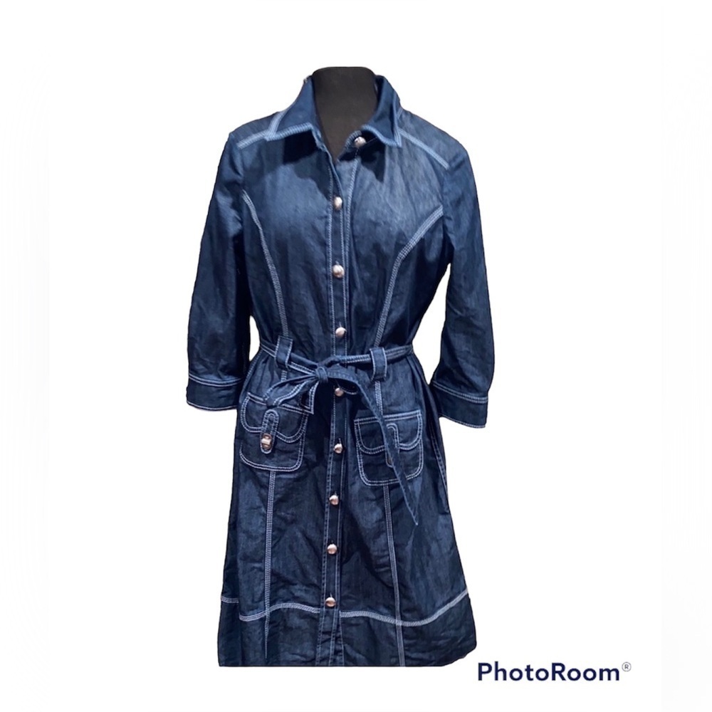 ST. JOHN SPORT DENIM BUTTON FRONT SHIRT DRESS TIE BELT P